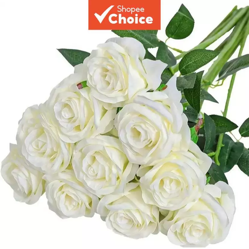 10Pcs/Lot White Artificial Roses, Real Touch Single Stem Flowers for Wedding Bouquet Home Decoration