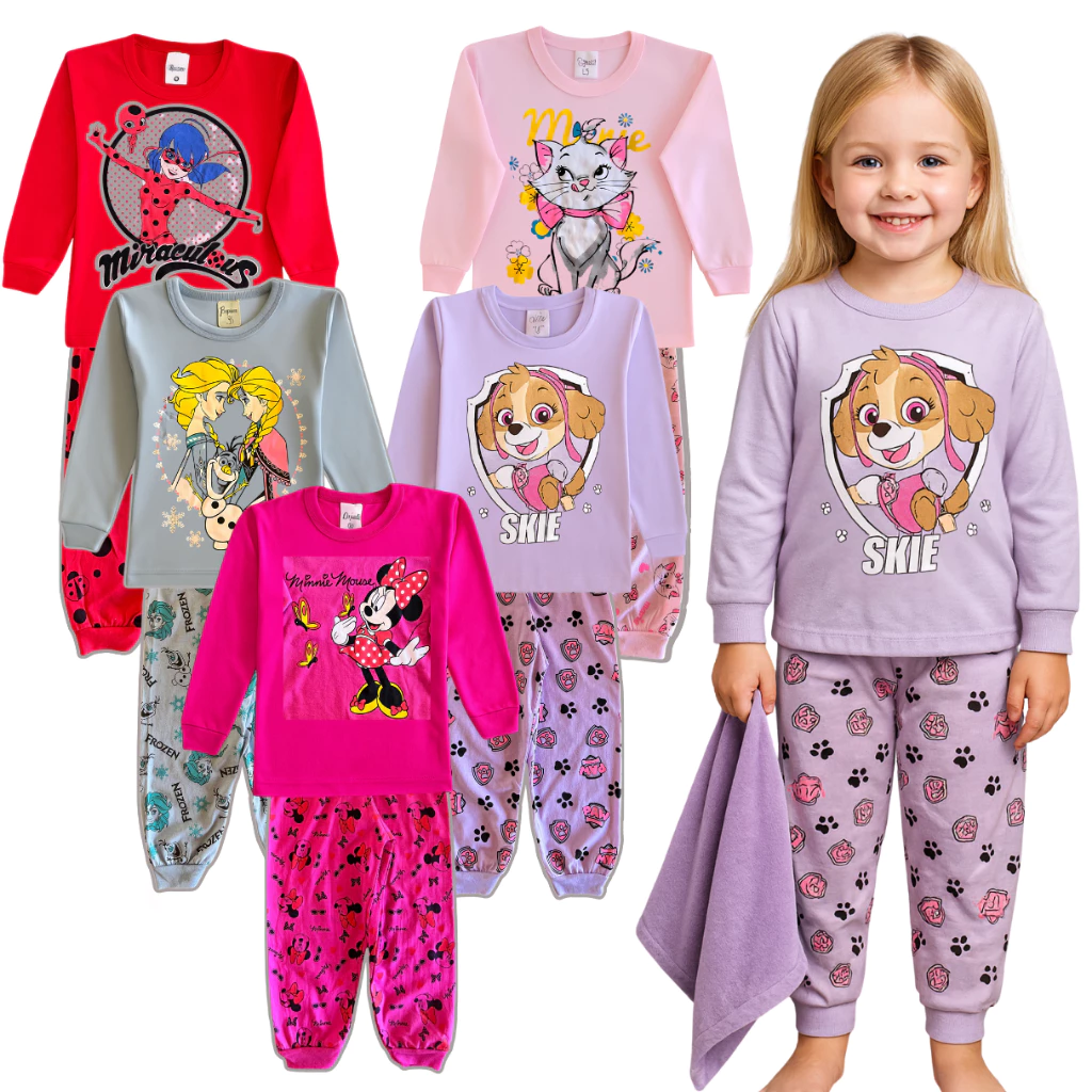 4-piece KIT for children's pajamas for girls, winter, long sleeves, 2 pants and 2 women's cotton blouses image 3
