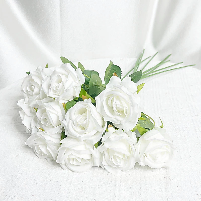 10Pcs/Lot White Artificial Roses, Real Touch Single Stem Flowers for Wedding Bouquet Home Decoration image 3