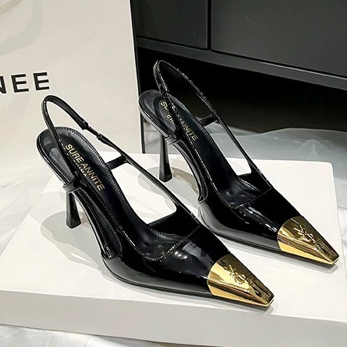 2025 Autumn New Style Metal Toe Back Empty Sandals Women Black Single Shoes Stiletto Shallow Mouth Toe-Covered sal