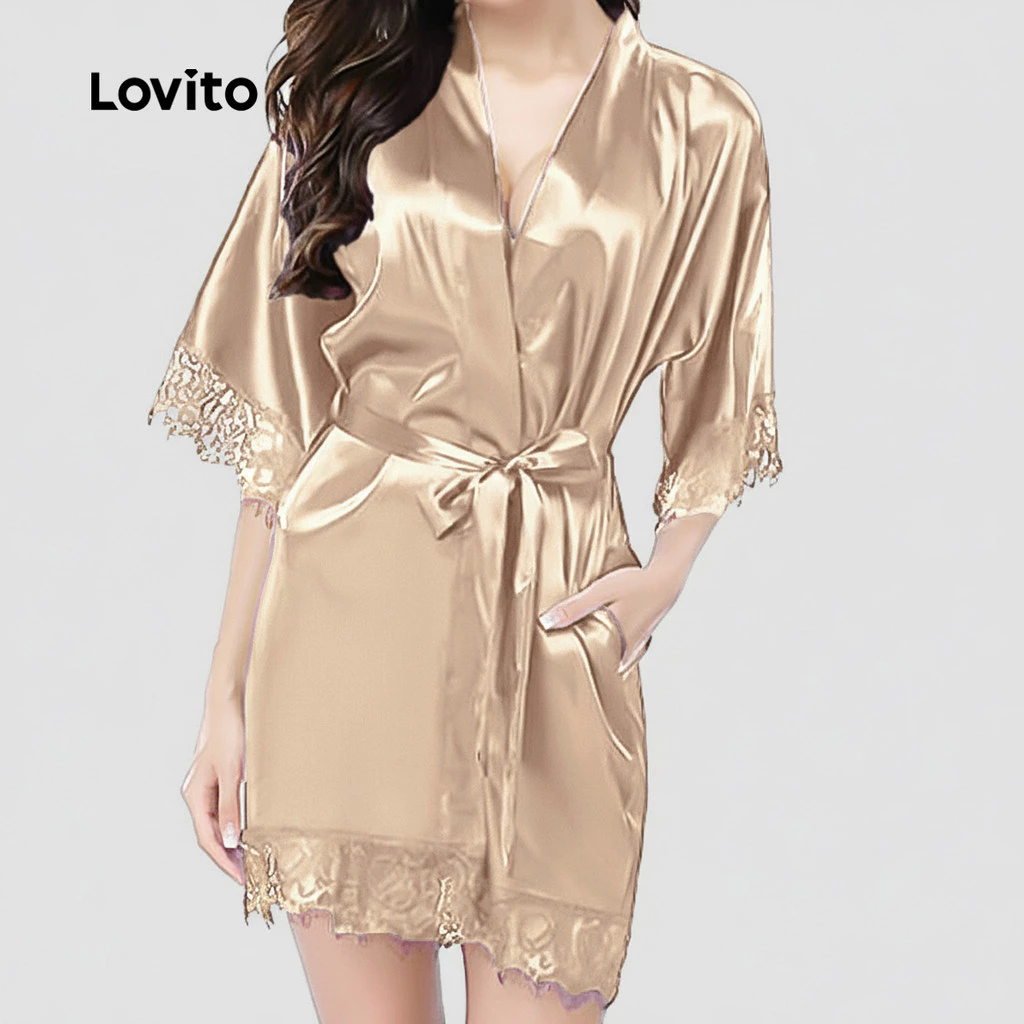 Lovito Casual Robe Satin Ice Silk Fresh Sensual Lace Front Tie Loungewear Women's Embroidery LNE143074 image 3